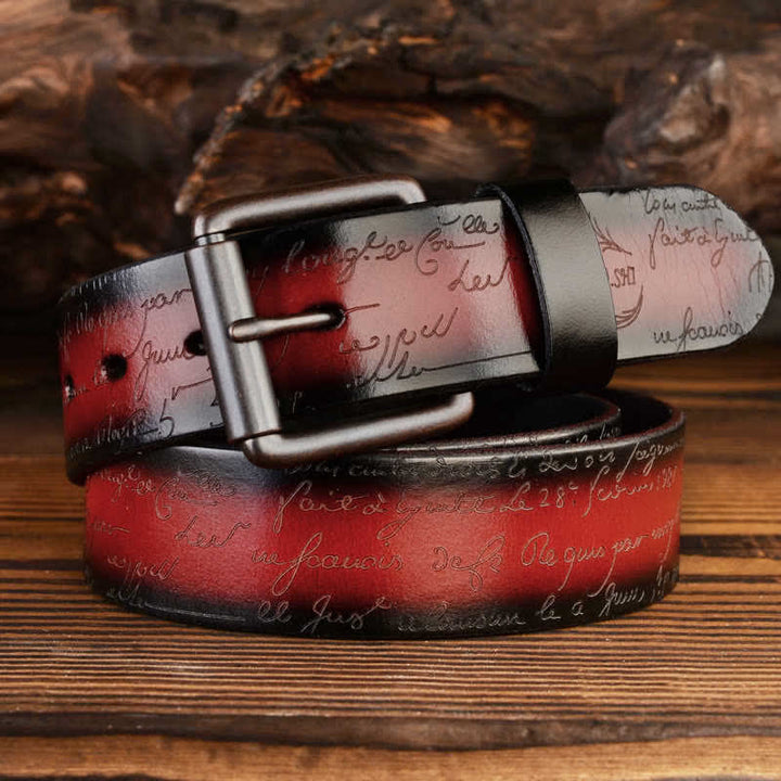 Retro Embossed Letter Pattern Four Colors Available Leather Belt - Red - 42 - image 7