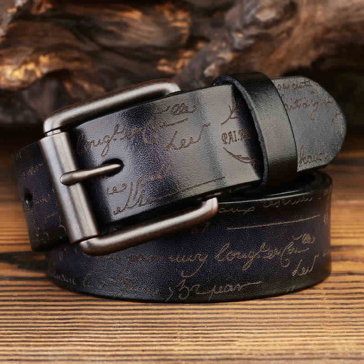 Retro Embossed Letter Pattern Four Colors Available Leather Belt - Black - 42 - image 4