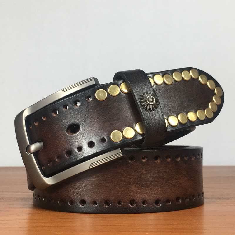 Vintage Retro Bronze Circle Rivets Studded Leather Belt - Coffee - 42 - image 0