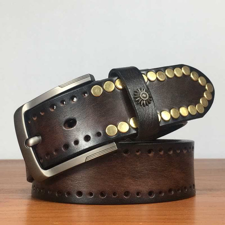 Vintage Retro Bronze Circle Rivets Studded Leather Belt - Coffee - 42 - image 0