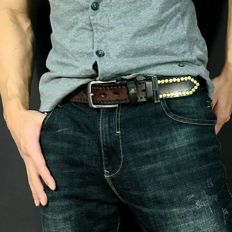 Vintage Retro Bronze Circle Rivets Studded Leather Belt - image 1