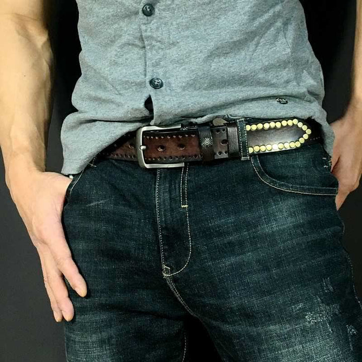 Vintage Retro Bronze Circle Rivets Studded Leather Belt - image 1