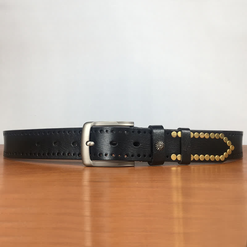 Vintage Retro Bronze Circle Rivets Studded Leather Belt - image 11