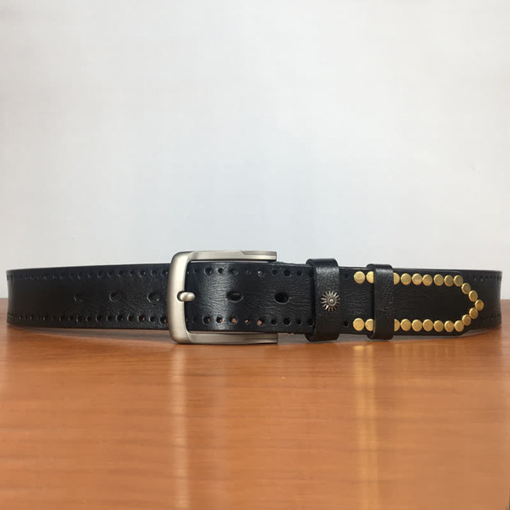 Vintage Retro Bronze Circle Rivets Studded Leather Belt - image 11