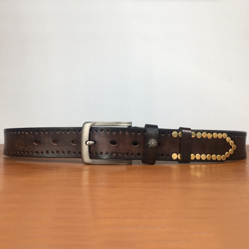 Vintage Retro Bronze Circle Rivets Studded Leather Belt - image 5