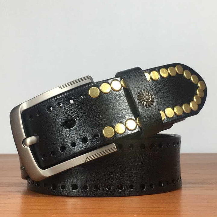 Vintage Retro Bronze Circle Rivets Studded Leather Belt - Black - 42 - image 8