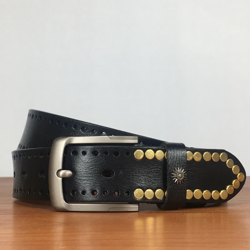 Vintage Retro Bronze Circle Rivets Studded Leather Belt - image 9