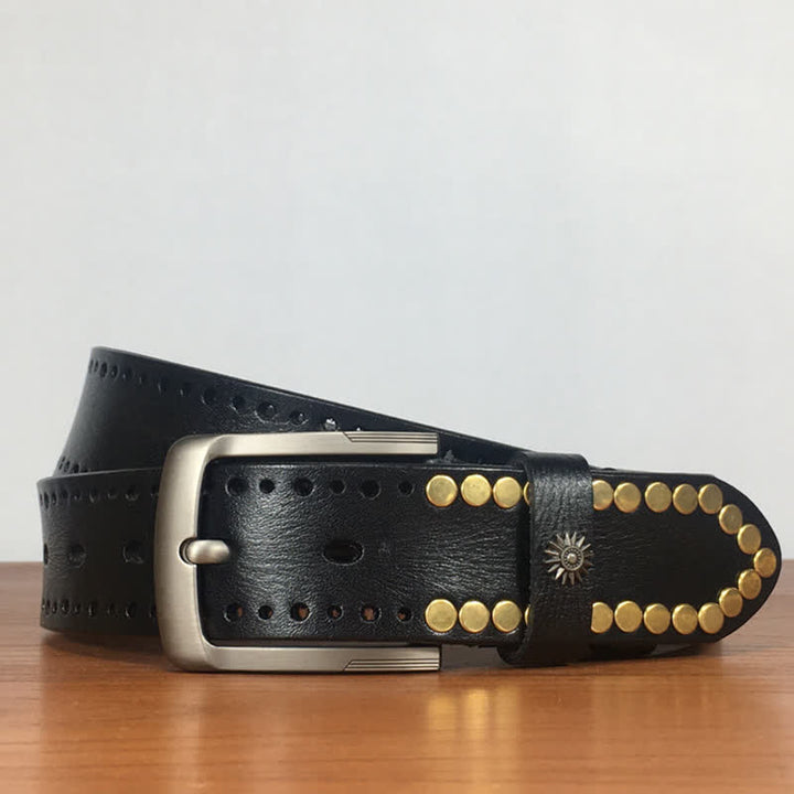 Vintage Retro Bronze Circle Rivets Studded Leather Belt - image 9