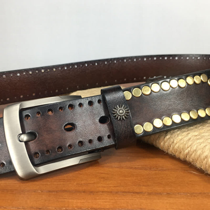 Vintage Retro Bronze Circle Rivets Studded Leather Belt - image 6