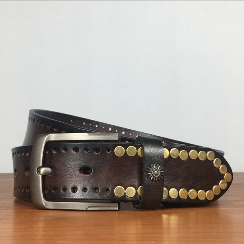 Vintage Retro Bronze Circle Rivets Studded Leather Belt - image 4