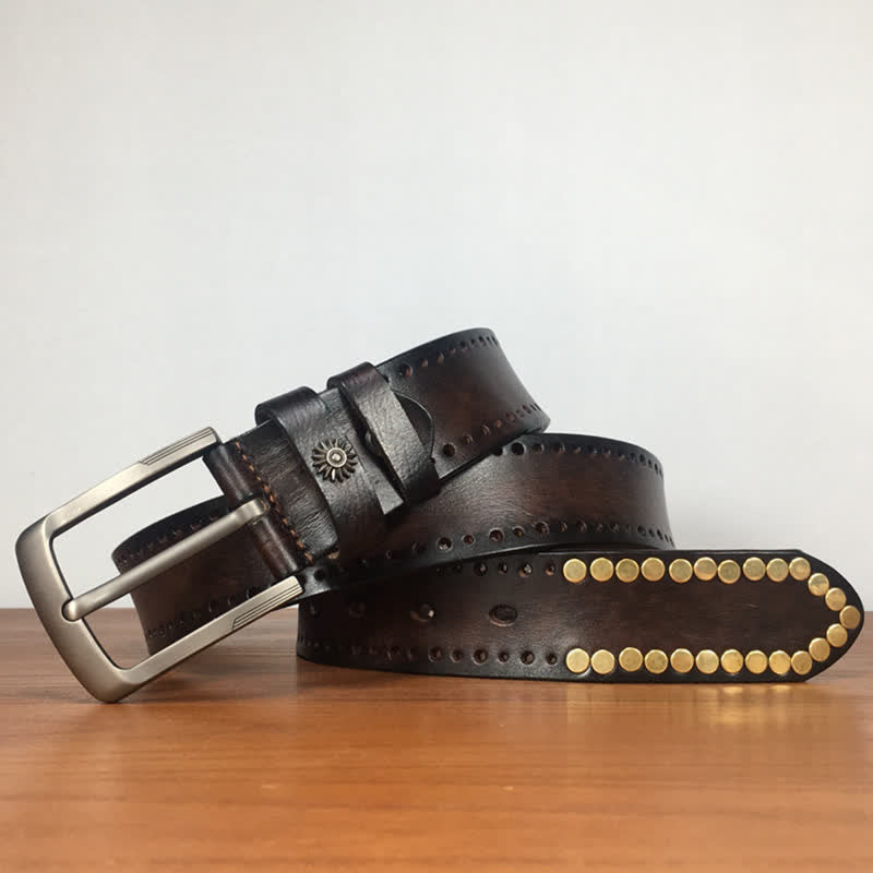 Vintage Retro Bronze Circle Rivets Studded Leather Belt - image 3