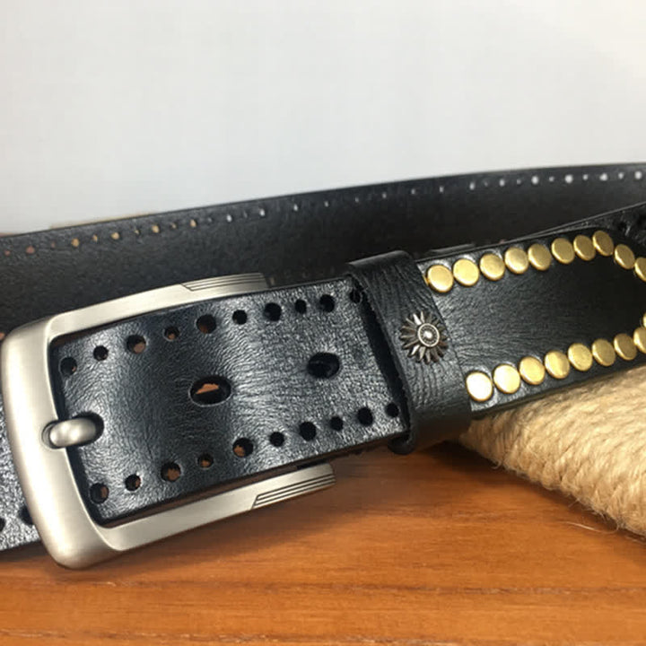 Vintage Retro Bronze Circle Rivets Studded Leather Belt - image 12
