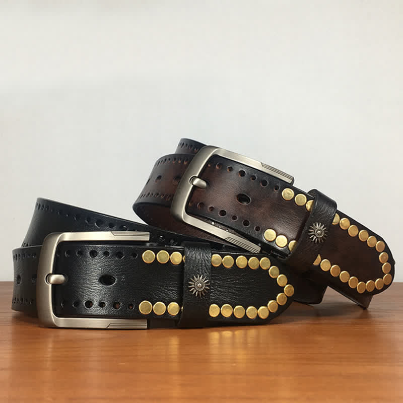 Vintage Retro Bronze Circle Rivets Studded Leather Belt - image 7