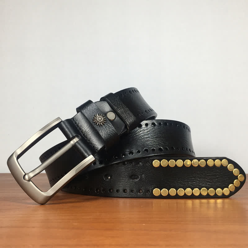 Vintage Retro Bronze Circle Rivets Studded Leather Belt - image 10