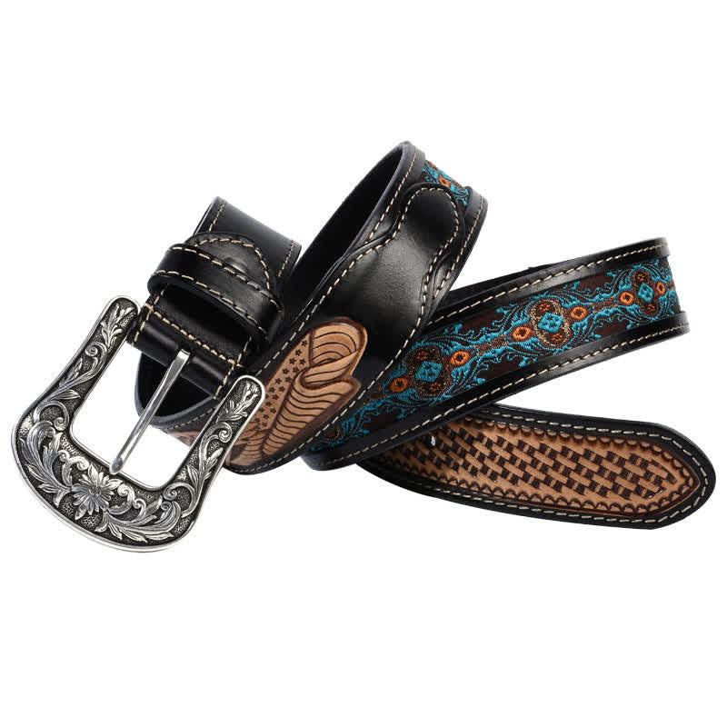 Native Style Retro Basket Weave Pattern Leather Belt - image 2