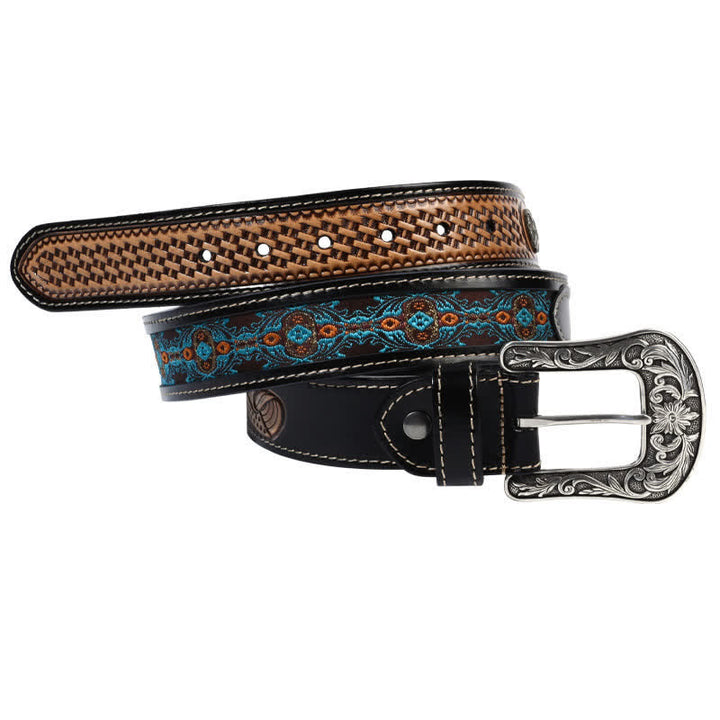 Native Style Retro Basket Weave Pattern Leather Belt - image 1