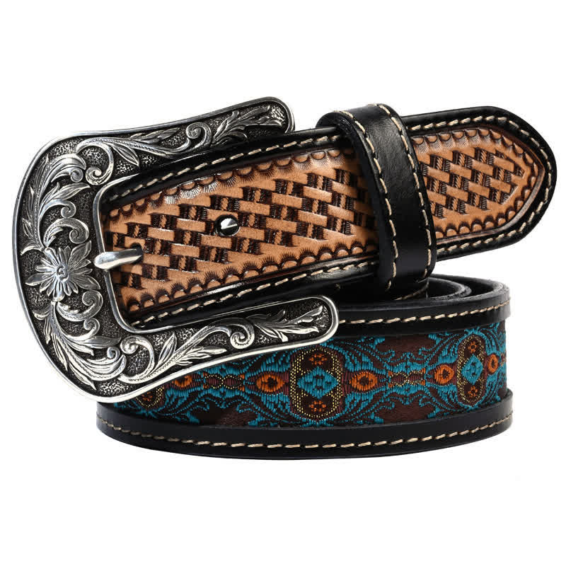 Native Style Retro Basket Weave Pattern Leather Belt - Black - 44 - image 0