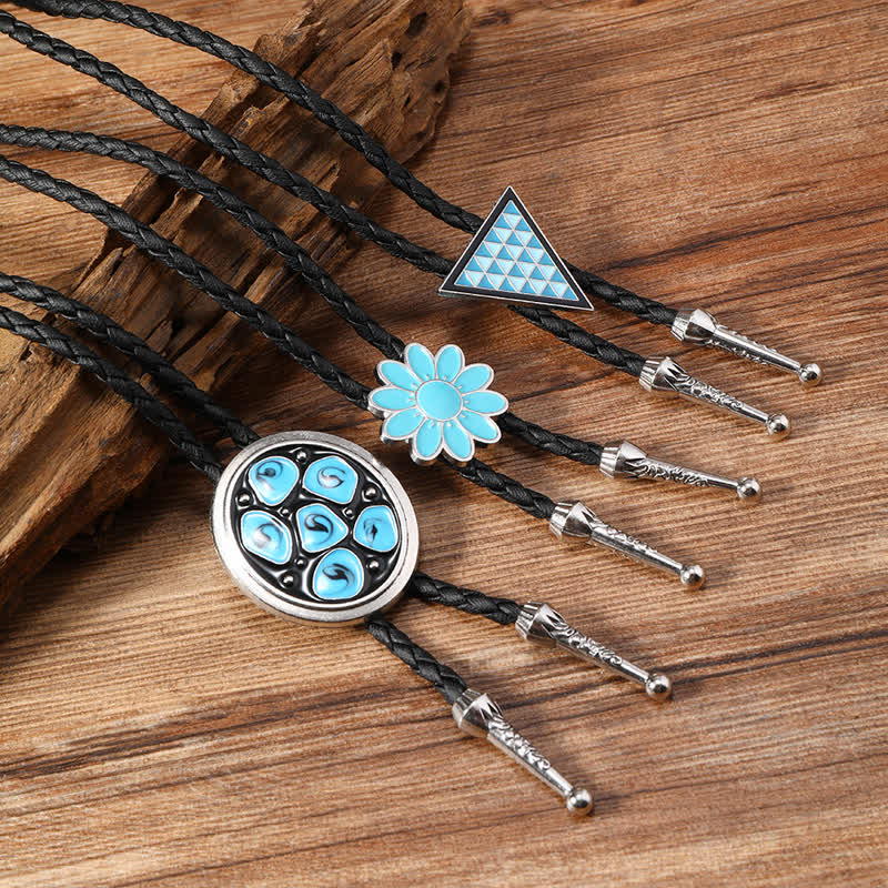 Blue Enameled Oval Flowers Triangle Bolo Tie - image 0
