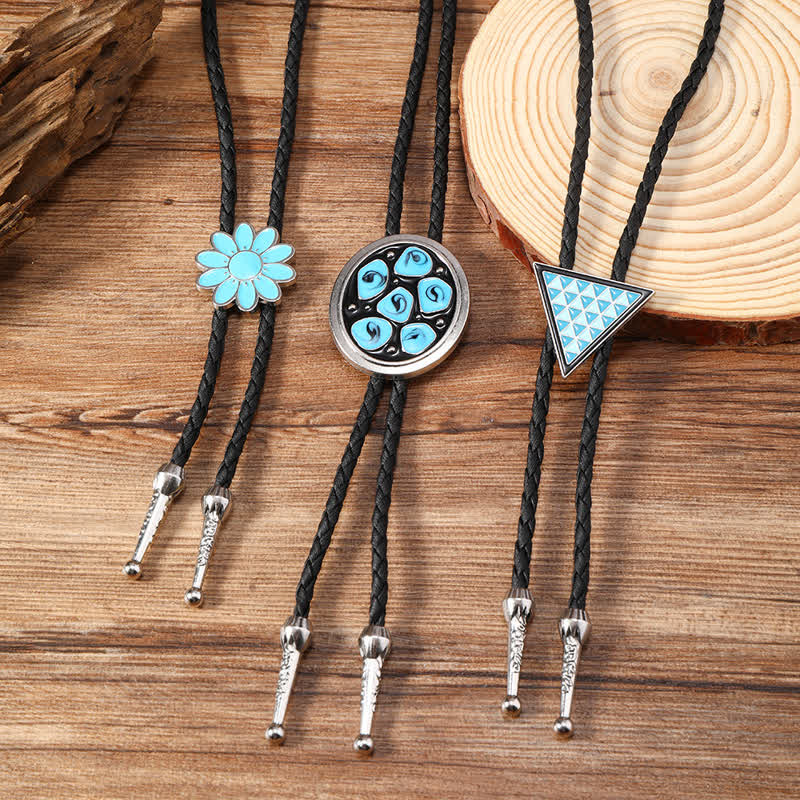 Blue Enameled Oval Flowers Triangle Bolo Tie - image 5