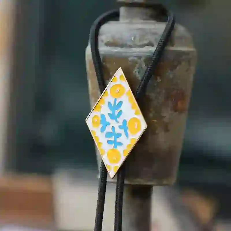 Colorful Small Flower Retro Rhombus Bolo Tie - Yellow - Rope - image 10