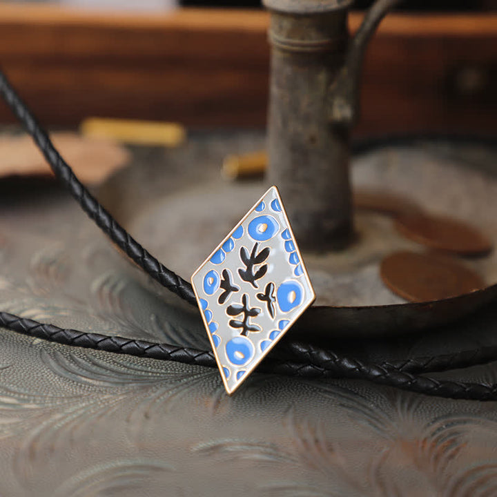 Colorful Small Flower Retro Rhombus Bolo Tie - Blue - PU Leather - image 4