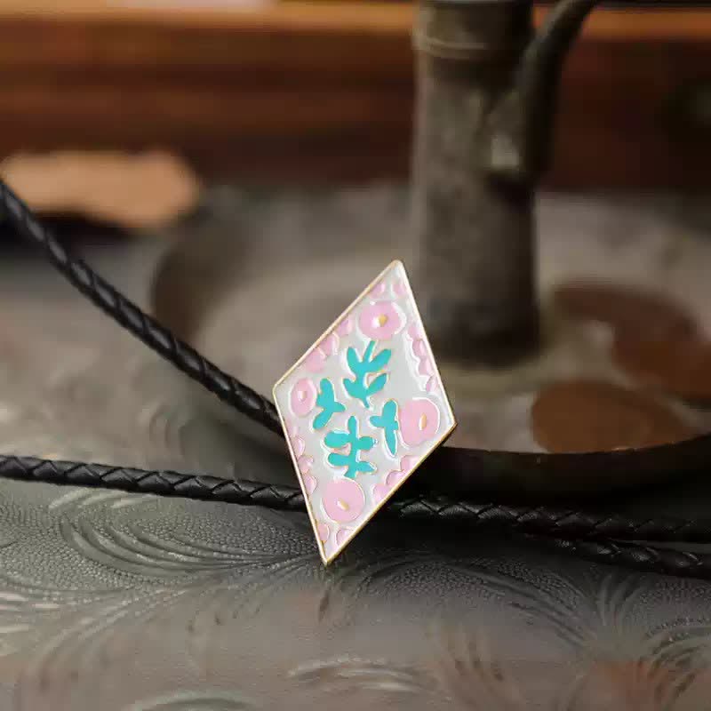 Colorful Small Flower Retro Rhombus Bolo Tie - Pink - PU Leather - image 9