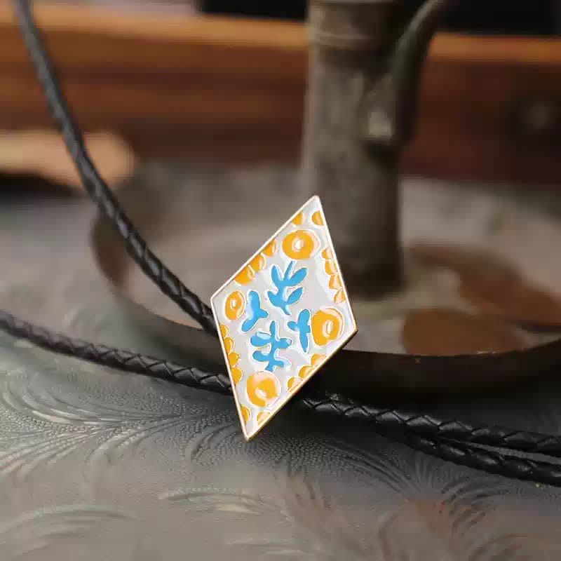 Colorful Small Flower Retro Rhombus Bolo Tie - Yellow - PU Leather - image 13