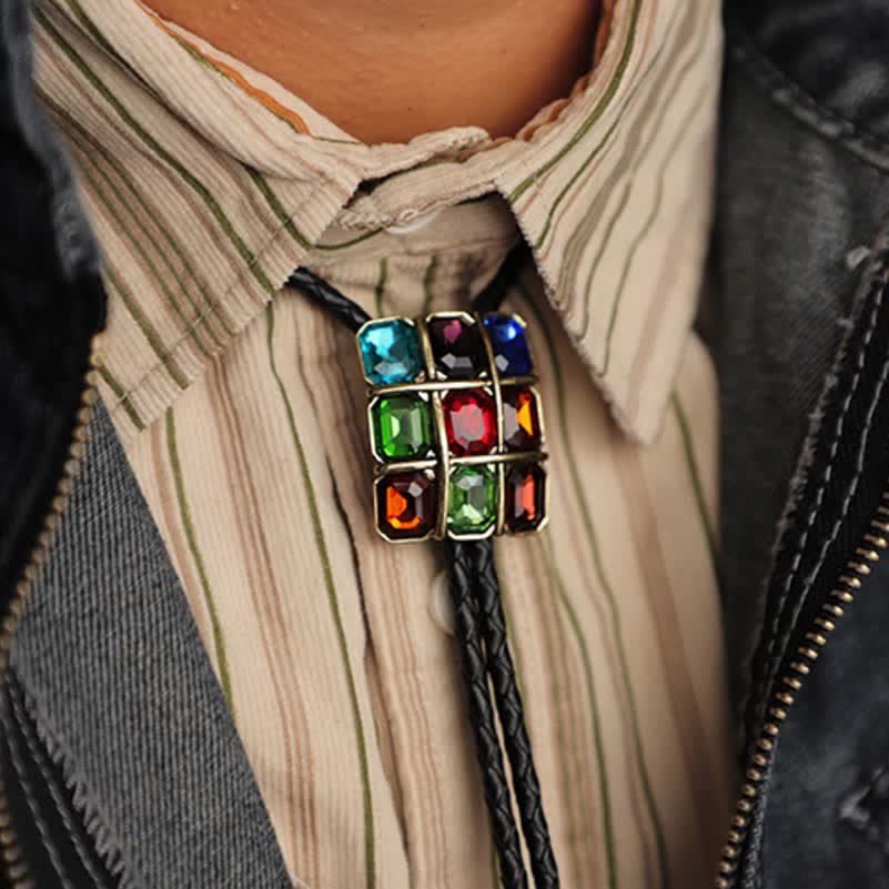 Geometric Mosaic Cube Gemstone Bolo Tie - image 0