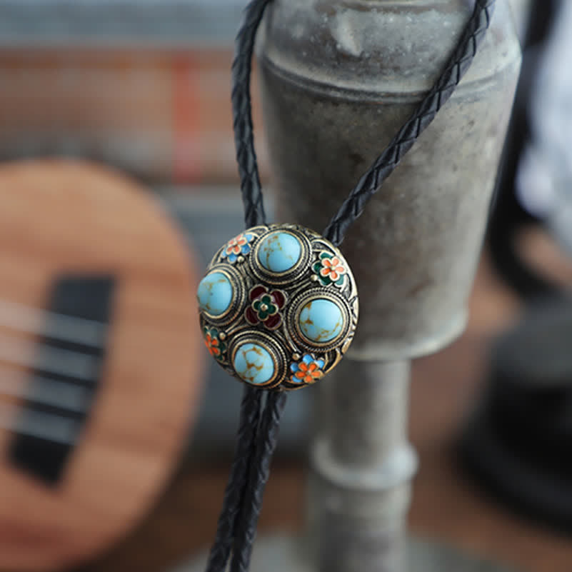 Ancient Blue Turquoise Enamel Flower Bolo Tie - PU Leather - image 1