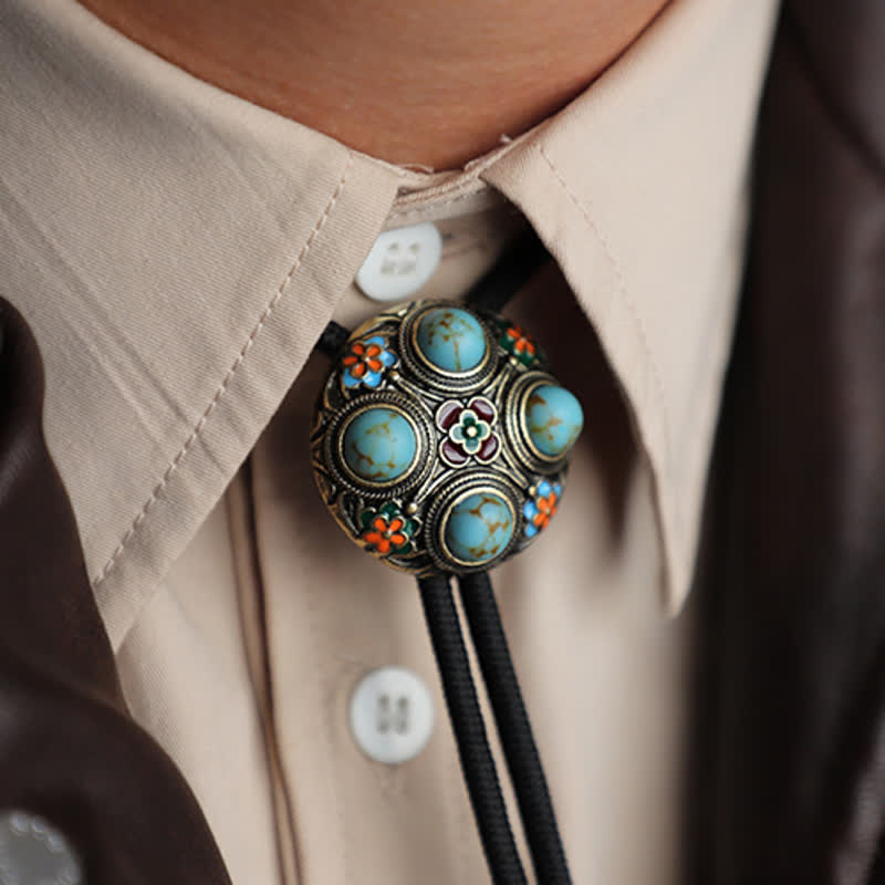 Ancient Blue Turquoise Enamel Flower Bolo Tie - image 0