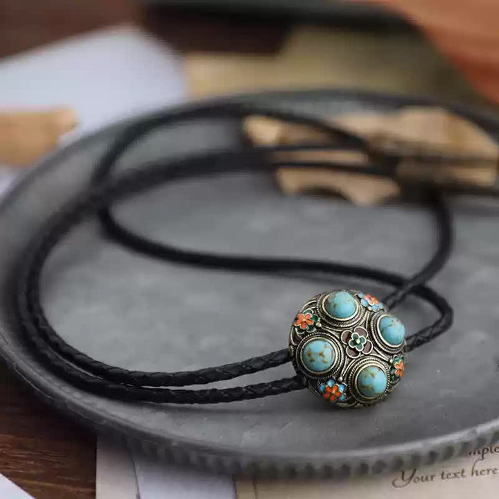 Ancient Blue Turquoise Enamel Flower Bolo Tie - image 4