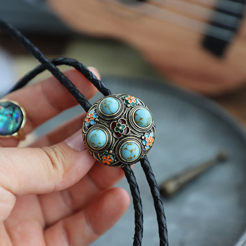 Ancient Blue Turquoise Enamel Flower Bolo Tie - image 3