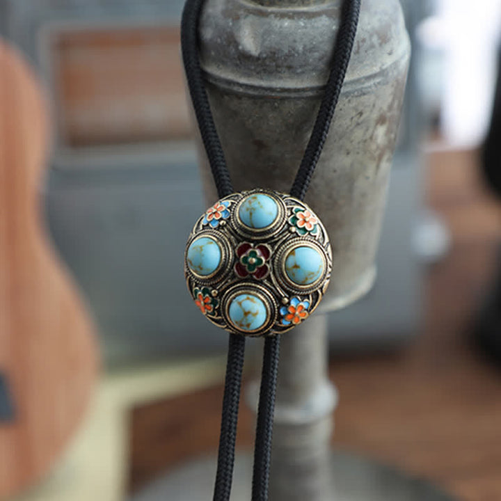 Ancient Blue Turquoise Enamel Flower Bolo Tie - Rope - image 6