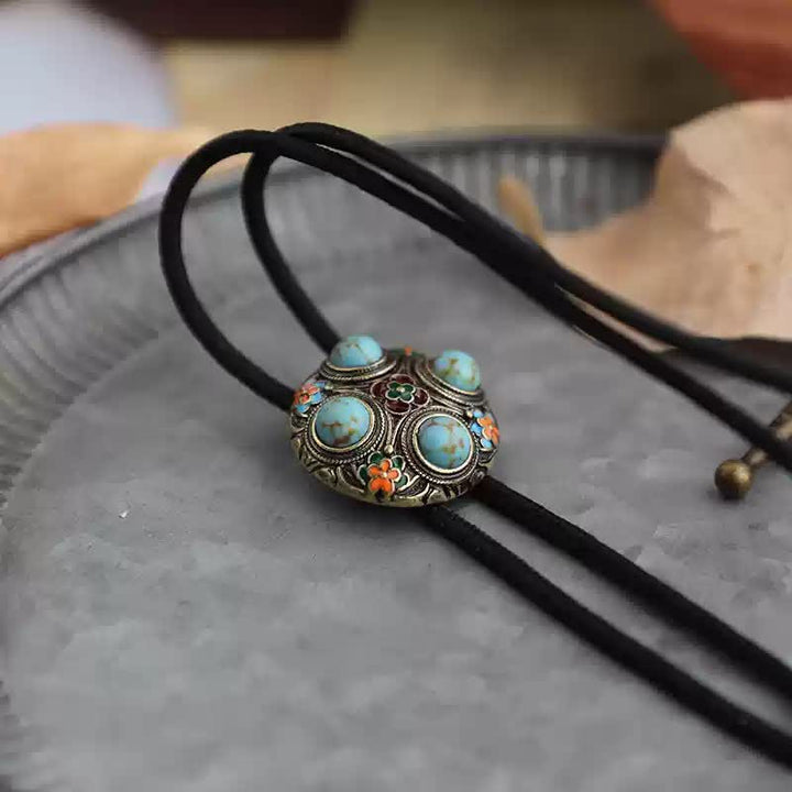 Ancient Blue Turquoise Enamel Flower Bolo Tie - image 9