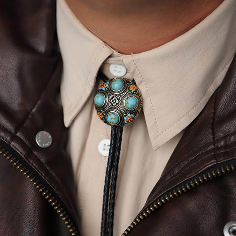 Ancient Blue Turquoise Enamel Flower Bolo Tie - image 2