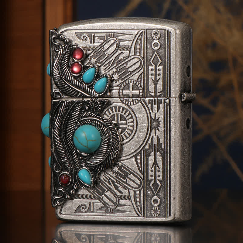 Indian Feather Blue Turquoise Refillable Kerosene Lighter - Style #1 - image 1