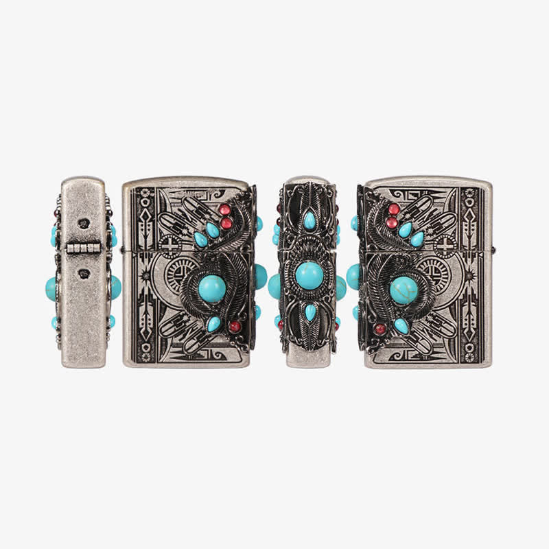 Indian Feather Blue Turquoise Refillable Kerosene Lighter - image 4