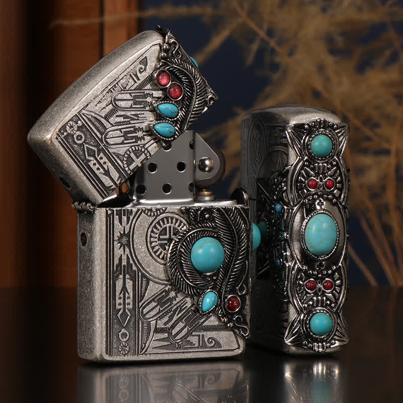 Indian Feather Blue Turquoise Refillable Kerosene Lighter - image 0