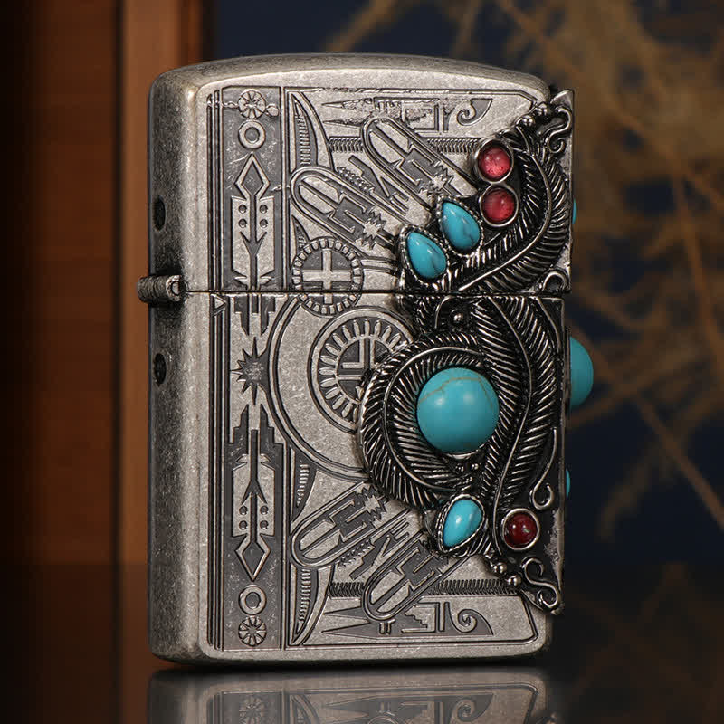 Indian Feather Blue Turquoise Refillable Kerosene Lighter - Style #1 - image 1