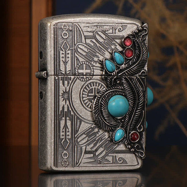 Indian Feather Blue Turquoise Refillable Kerosene Lighter - Style #1 - image 1