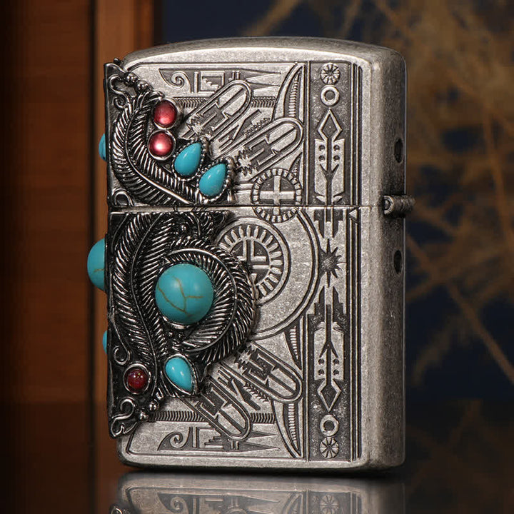 Indian Feather Blue Turquoise Refillable Kerosene Lighter - image 2