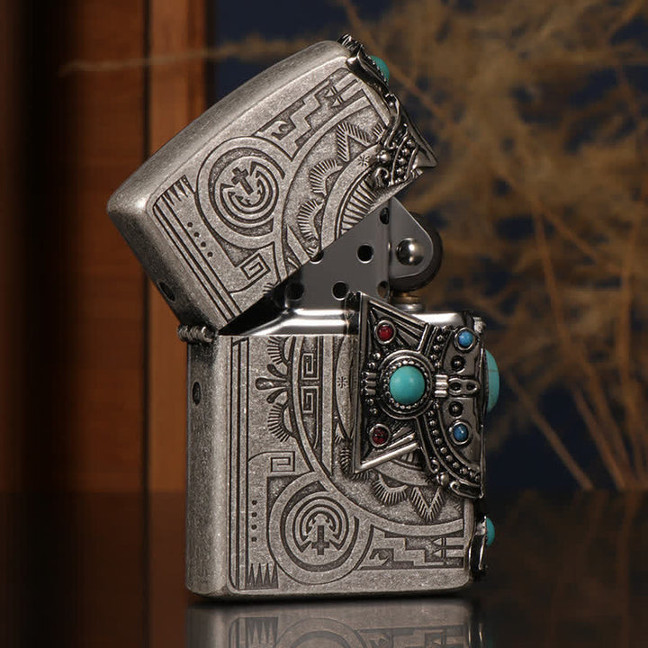Indian Feather Blue Turquoise Refillable Kerosene Lighter - image 7