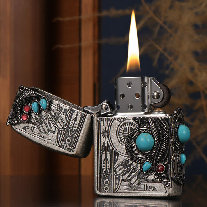 Indian Feather Blue Turquoise Refillable Kerosene Lighter - image 3