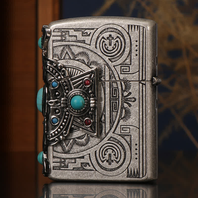 Indian Feather Blue Turquoise Refillable Kerosene Lighter - image 6