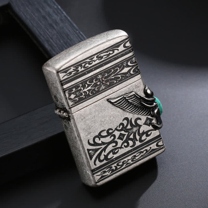 Eagle Wings Turquoise Inlaid Refillable Kerosene Lighter - Silver - image 1