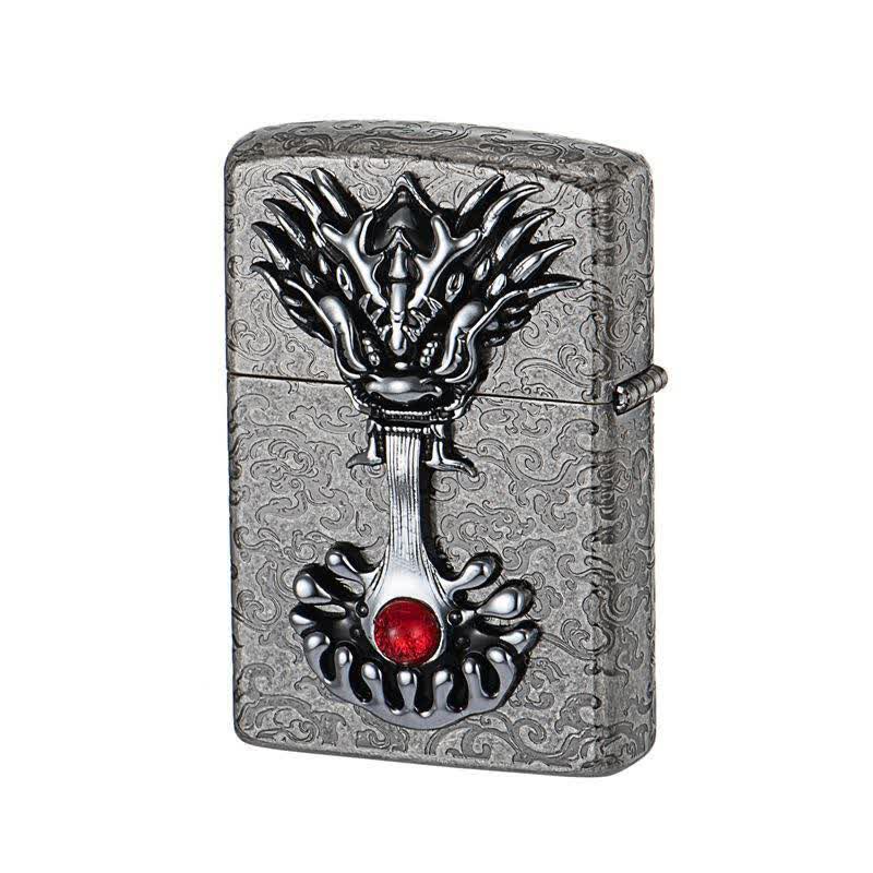 Engraved Dragon-Shaped Retro Refillable Kerosene Lighter - Antique Silver - image 4