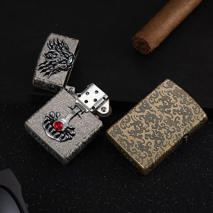 Engraved Dragon-Shaped Retro Refillable Kerosene Lighter - image 1