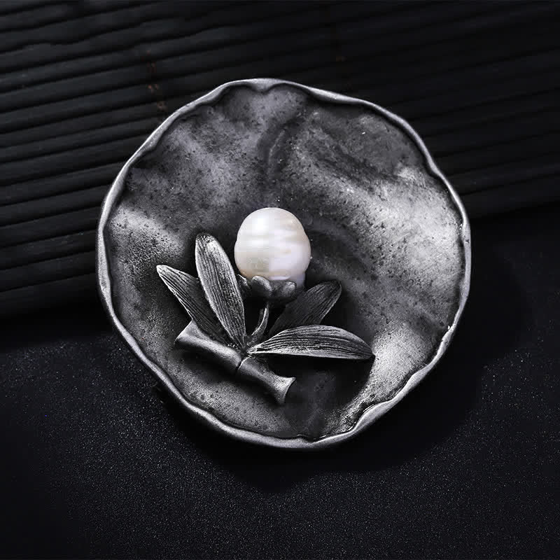 Women's Retro Round Bamboo Pearl Decoration Brooch - Gray - image 0