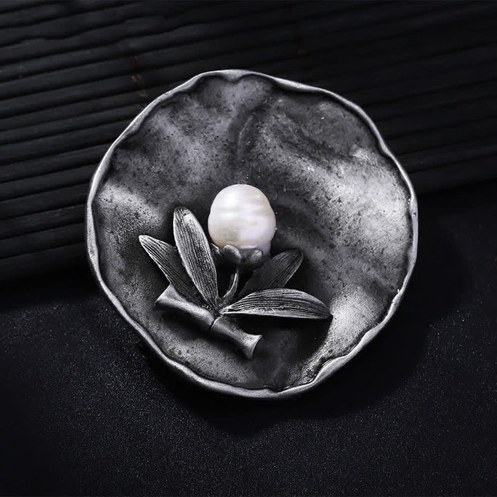 Women's Retro Round Bamboo Pearl Decoration Brooch - Gray - image 0