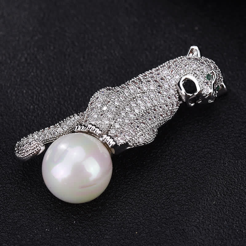 Unisex Leopard Shiny Zircon Faux Pearl Decoration Brooch - image 4
